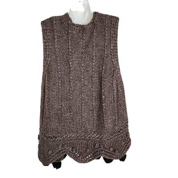 Notations Womens Sweater Cardigan Vest Size 1X Pom Poms Brown Knit Open Front - Picture 2 of 13